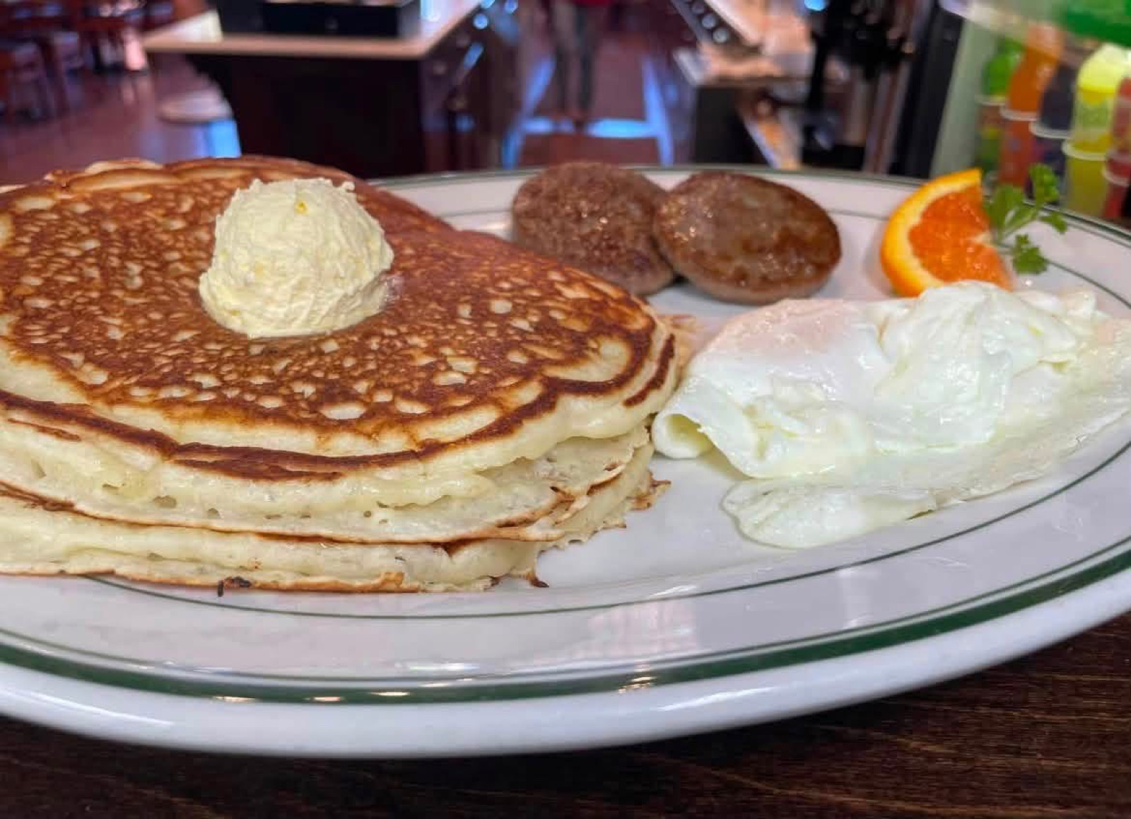 Pancake breakfast with eggs and sausage at Sundrop Shoppe