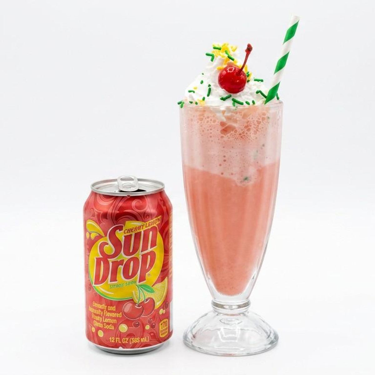 Cherry Sun-Drop float with whipped cream and cherry