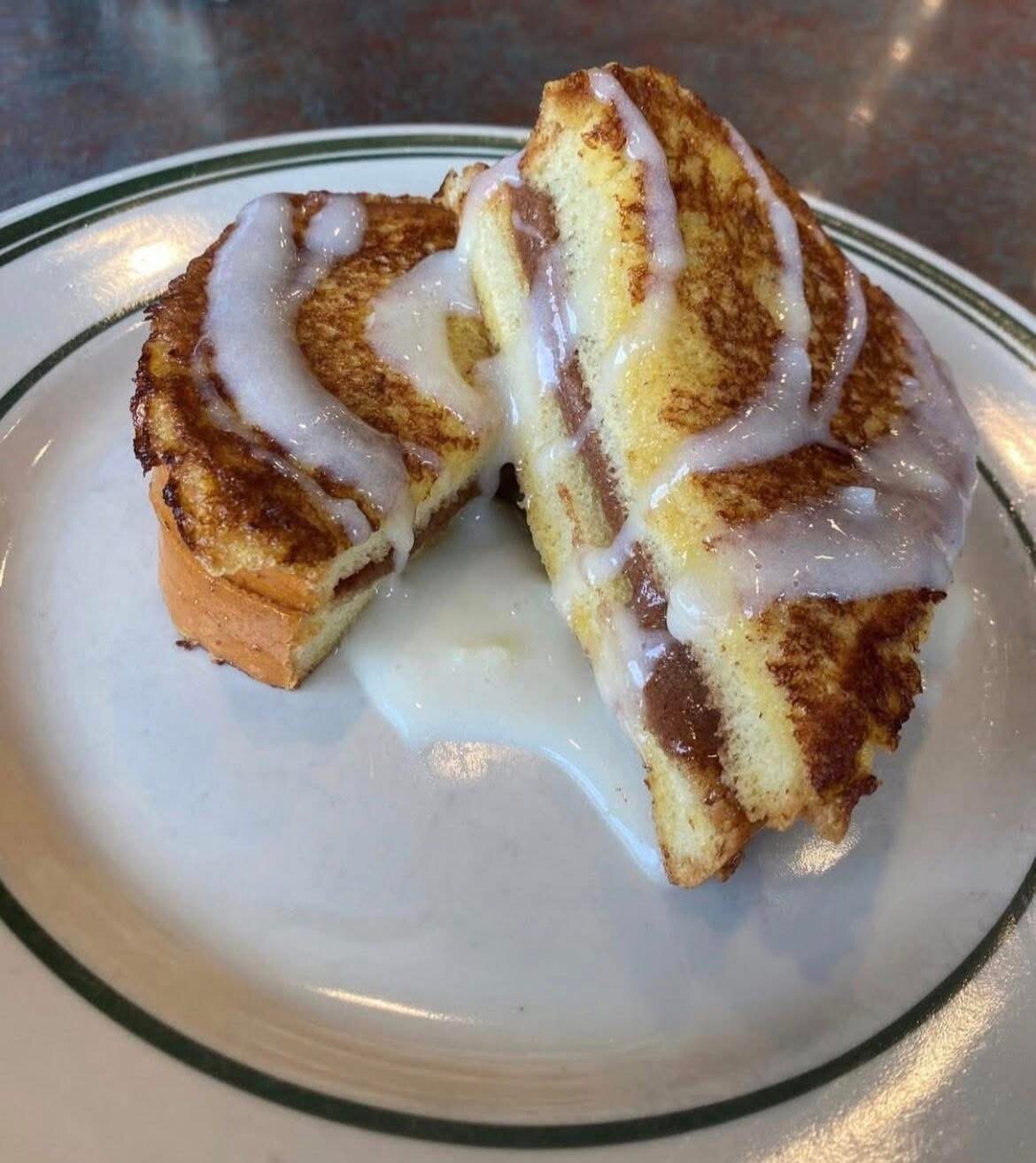 Cinnamon stuffed French toast with icing drizzle
