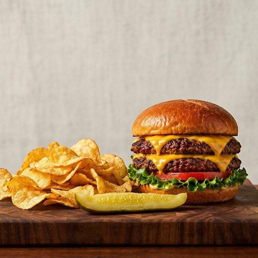 Double smashed burger basket with chips and a pickle
