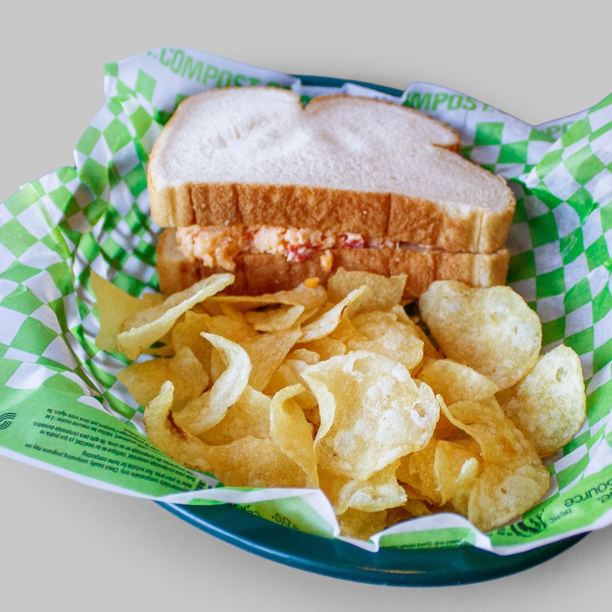Pimento cheese sandwich plate with chips