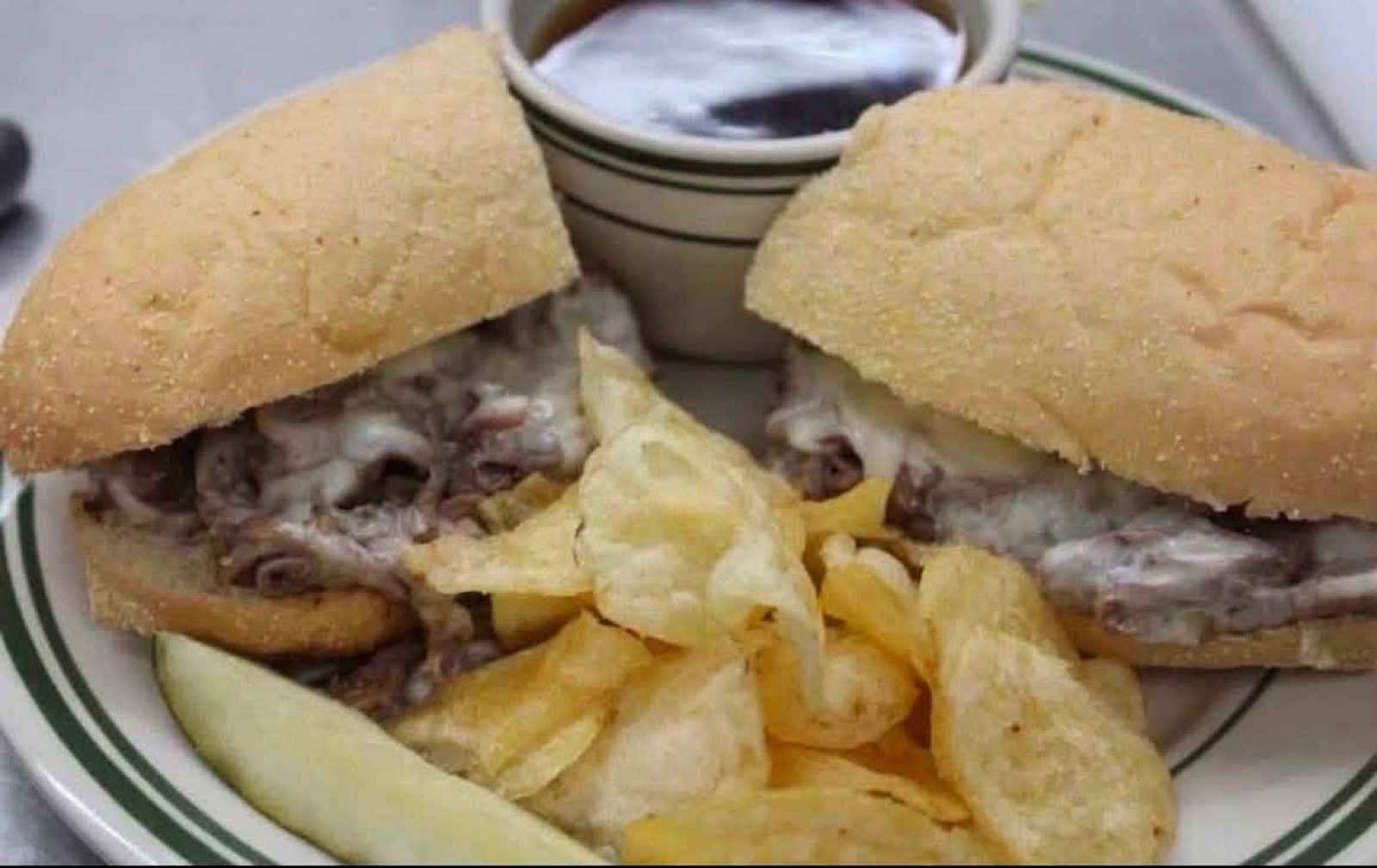 French dip sandwich plate with chips