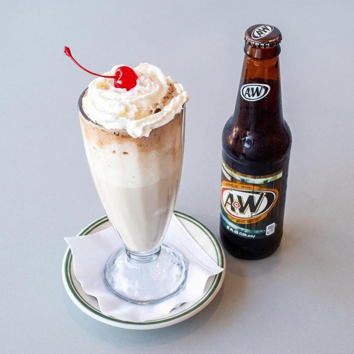 Stewart's root beer float with whipped cream